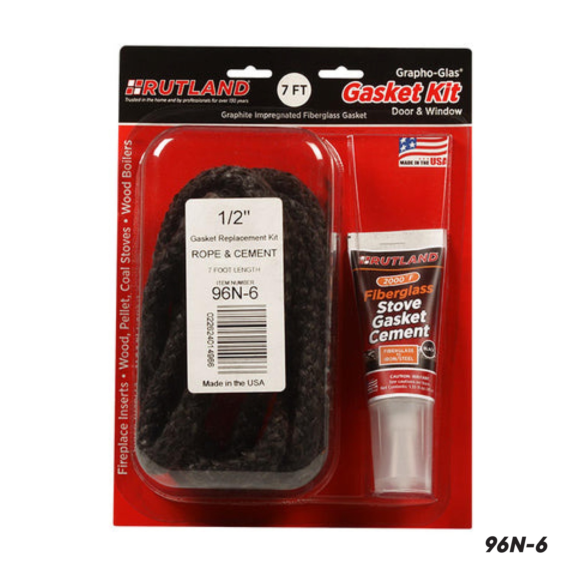 Rutland, Grapho-Glass Stove Gaskets, 7ft. x 1/2in. Rope, Model# 96N-6